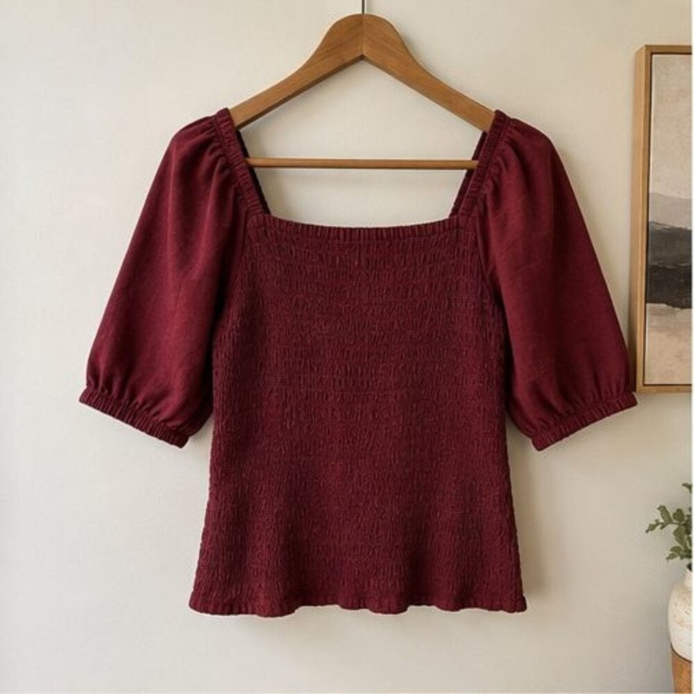Wine Smocked Puff Sleeve Top